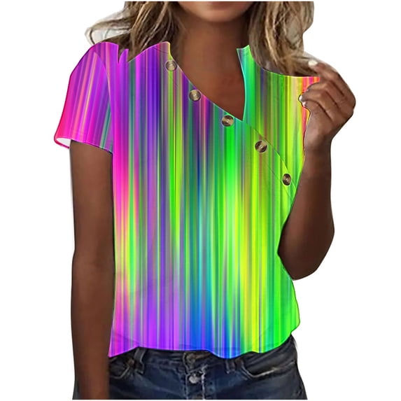 Hyknon Pride Shirt for Women Summer Fashion Short Sleeved V-neck Buttons LGBT Blouses Casual Tie-dye Printed Loose Fit Inspirational Equality Tops, S-5XL