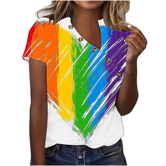 Hyknon Pride Shirt for Women Summer Fashion Short Sleeved V-neck Buttons LGBT Blouses Casual Tie-dye Printed Loose Fit Inspirational Equality Tops, S-5XL