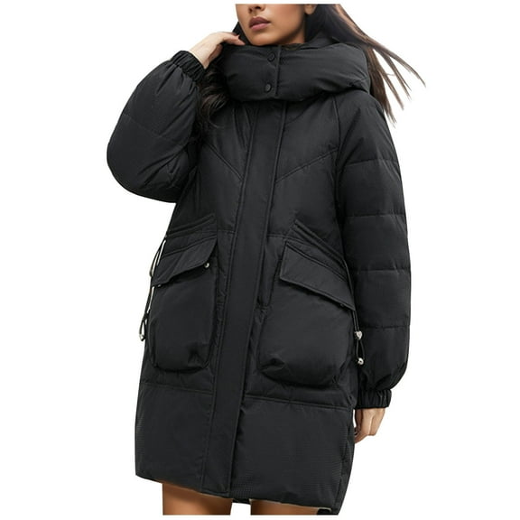 Hyknon Puffer Jacket Womens Fashion Basic Solid Color Long Sleeved High Collar Hooded Down Jacket Loose Plus Size Versatile Warm Winter Coats for Women