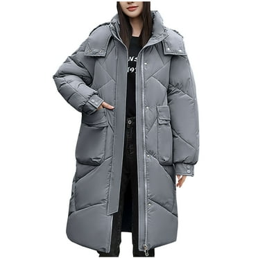 Hyknon Puffer Jacket Womens Mid Length Solid Color Hooded Down Jacket Winter Warm Full Zipper Long Sleeve Versatile Down Jacket with Pockets