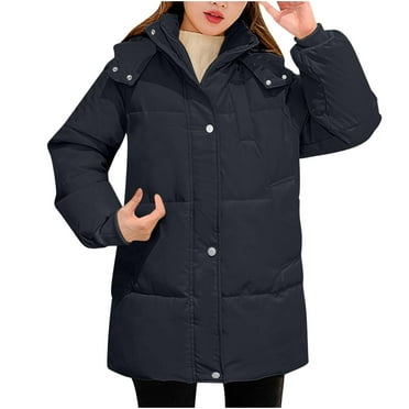 Hyknon Puffer Jacket Womens Winter Warm Thicken Solid Color Hooded Down Jacket Loose Plus Size Long Sleeve Full Zipper Mid Length Versatile Winter Coats for Women