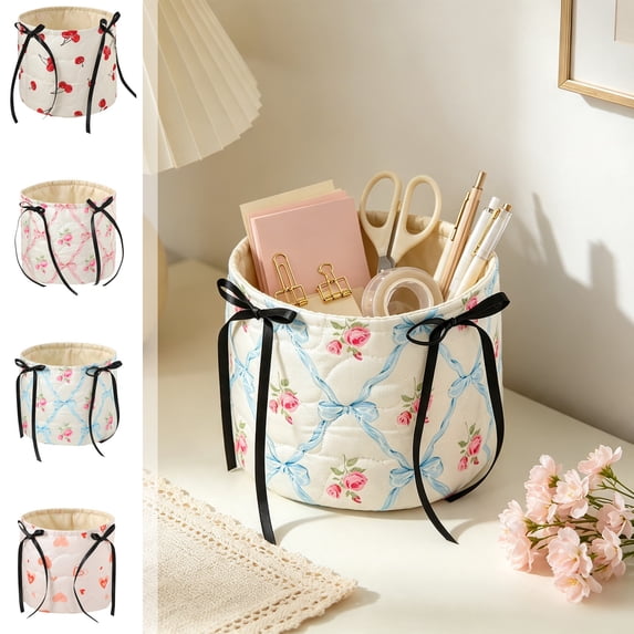 Hyknon Quilted Storage Basket, Cute Dots Cherry Roses Heart Prints Decorative Storage Boxs with Bow, Boho Car Organizer Bin, Round /Square Makeup Storage Basket for Women Bedroom Vanity Closet Home