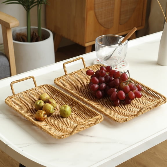 Hyknon Rectangle Rattan Serving Trays with Handles, 15" Woven Wicker Organizer Baskets, Sturdy Breathable Breakfast Drink Serving Platter, Multi-Functional Storage Tray for Coffee Bread Fruit Snacks