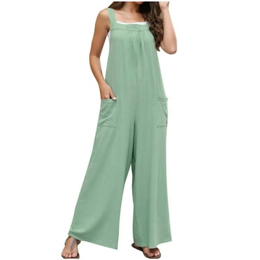 Hyknon Rompers for Women Sleeveless Loose Plus Size Wide Leg Long Jumpsuits Summer Fashion Solid Color Halter Elastic Waist Long Rompers with Pockets