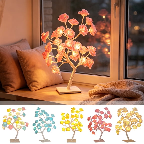 Hyknon Room Decor, 13" LED Romantic Tabletop Rose Tree Lamp, DIY Artificial Flower Blossom Lamp, Soft Warm USB Operated, Night Light for Living Room Bedroom Christmas Home Gifts Decor, Multicolor