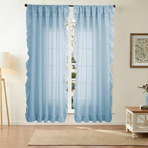 Hyknon Ruffle Trim Sheer Curtains, 1 Panel Light Filtering Blackout Curtains with Rod Pocket, Modern Boho Semi Sheer Window Curtains for Bedroom Living Room, Romantic Curtains 39×96 Inch, Blue