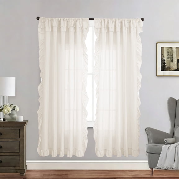 Hyknon Ruffle Trim Sheer Curtains, 2 Panel Light Filtering Blackout Curtains with Rod Pocket, Modern Boho Semi Sheer Window Curtains for Bedroom Living Room, Romantic Curtains 39×96 Inch, Beige
