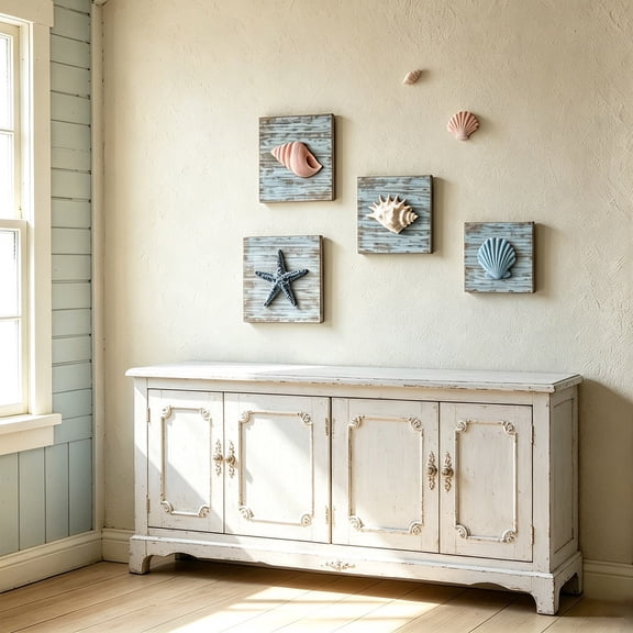 Hyknon Sea CoastalWooden Wall Hanging Decor, Square Sea Star Seashell Wall Art, 3D Hang Picture Ornament, Boho Blue Oceans Texture Background Artwork Prints for Office Living Room Bedroom 5.9"