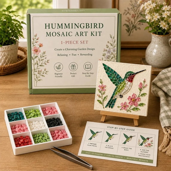 Hyknon Sea Glass Art Kit for Adults, DIY Mosaic Craft Kits with Tools(Drawing Board Easel Sea Glass Forceps Glue Drawing Paper), Bird Flowers Wall Tables Decor, Beginner-Friendly Home Decor 5.9"