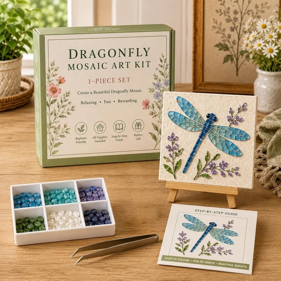 Hyknon Sea Glass Art Kit for Adults, DIY Mosaic Craft Kits with Tools(Drawing Board Easel Sea Glass Forceps Glue Drawing Paper), Dragonfly Flowers Wall Tables Decor, Beginner-Friendly Home Decor 5.9"