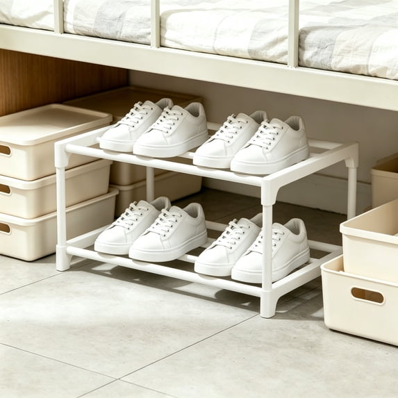 Hyknon Shoe Storage Rack, 2 Tiers Shoe Rack Organizer for Closet, Stackable Boot Rack Storage Narrow Boot Display Shelf, Free Standing Shoe Rack Shelf for Entryway Stackable DIY Shoe Holder, White