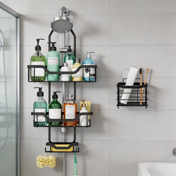 Hyknon Shower Caddy Hanging Over Shower Head, 3-Tier Adhesive Shower Shelves with Soap Toothbrush Holder & Hooks, Rustproof Stainless Steel, No Drill Suction Cup, Inside Shower Bathroom Organizers