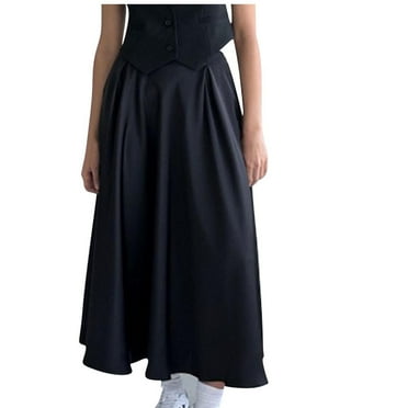 Hyknon Skirts for Women Fall Fashion Basic Solid Color Temperament High Waist Maxi Skirts Smooth A-Line Flowy Loose Fitting Skirts