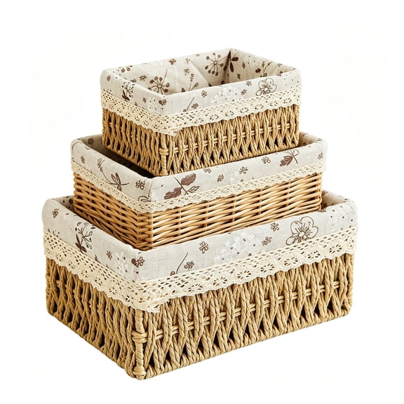 Hyknon Small Wicker Basket with Liner, Natural Rattan Woven Storage Baskets for Organizing, Decorative Table Storage Bins for Bathroom Living Room Shelves Pantry Kitchen