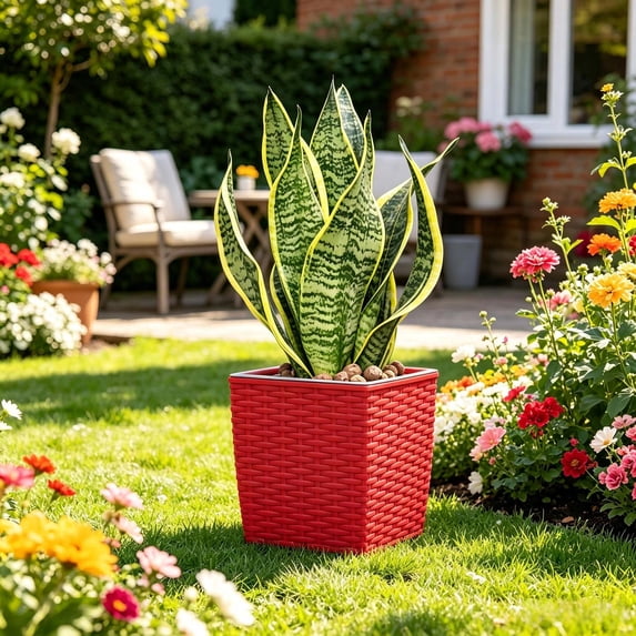 Hyknon Small Woven Plant Pot, 7.1 Inch Decorative Plastic Planter, Indoor Flower Pot for Herbs Flowers, Lightweight Plant Container for Home Office Shelf Table Decor