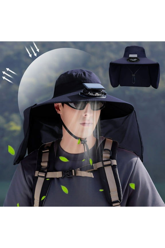 Solar Sun Hat with Fans for Women Men Breathable Wide Brim Cooling Bucket Hat with Neck Flap Blue UV Protection Solar Powered Fishing Hat for Hiking Camping Outdoor USB Charging