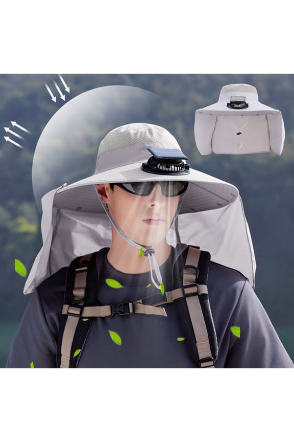 Solar Sun Hat with Fans for Women Men Breathable Wide Brim Cooling Bucket Hat with Neck Flap Gray UV Protection Solar Powered Fishing Hat for Hiking Camping Outdoor USB Charging