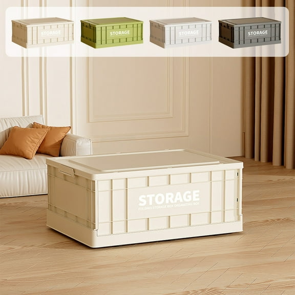 Hyknon Stackable Storage Bins with Lids Large Beige Storage Box Plastic Foldable Organizers and Storage for Office School Home Space Saving