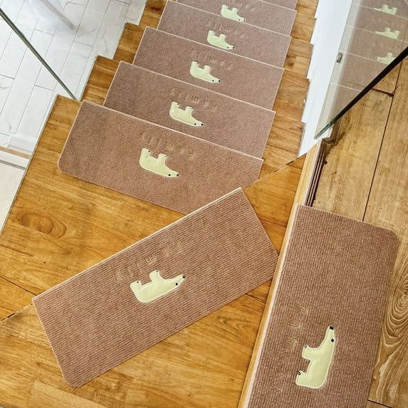 Hyknon Stair Treads for Wooden Steps 22X8.7" Non-Slip Polar Bear Carpet Mat Lighted Washable Khaki Stair Rugs Decorative Stair Runner for Indoor Safety
