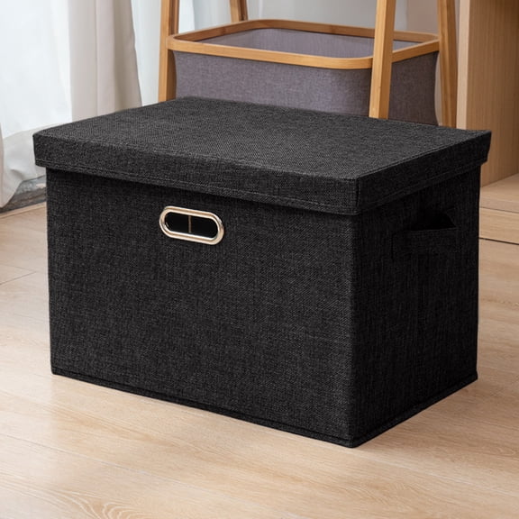 Hyknon Storage Bins with Lids Stackable Foldable Storage Box Black Linen Storage Organizer Containers Space Saving for Closet Living Room Bedroom