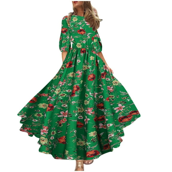 Hyknon Summer Dresses for Women 2024 Fashion Floral Printed Short Sleeve Round Neck Beach Dresses Temperament Loose Plus Size Flowy Maxi Dresses