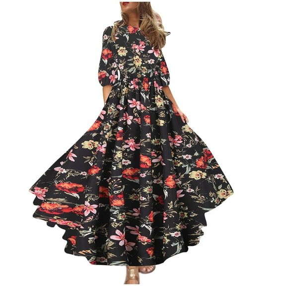 Hyknon Summer Dresses for Women 2024 Fashion Floral Printed Short Sleeve Round Neck Beach Dresses Temperament Loose Plus Size Flowy Maxi Dresses