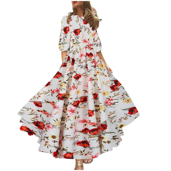 Hyknon Summer Dresses for Women 2024 Fashion Floral Printed Short Sleeve Round Neck Beach Dresses Temperament Loose Plus Size Flowy Maxi Dresses