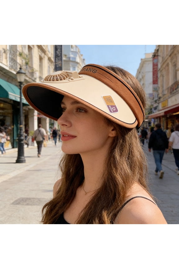 Sun Visor Hat with Solar Fan UPF 50+ Wide Brim Beach Hat 3-Speed Adjustable Tennis Visor Hats for Women Men Sports Pool, Khaki