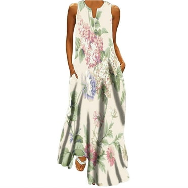 Hyknon Sundresses for Women 2025 Summer Fashion Boho Floral Printed Beach Tank Dresses Loose Plus Size V-neck Sleeveless Maxi Dresses with Pockets,S-3XL