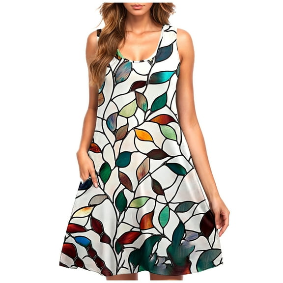 Hyknon Sundresses for Women 2025 Casual Loose Plus-size Sleeveless Crew Neck Flowy Dresses Summer Fashion Boho Floral Printed A-line Midi Dresses