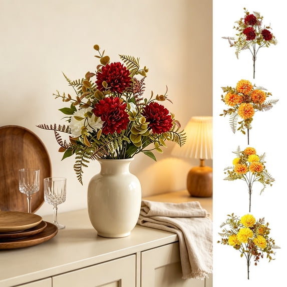 Hyknon Thanksgiving Fall Chrysanthemum Artificial Flower Stems, Multi-Color Silk Mum Floral Picks with Eucalyptus & Fern Foliage, Autumn Harvest Bouquet Filler for Vase Table Mantel Home Decor