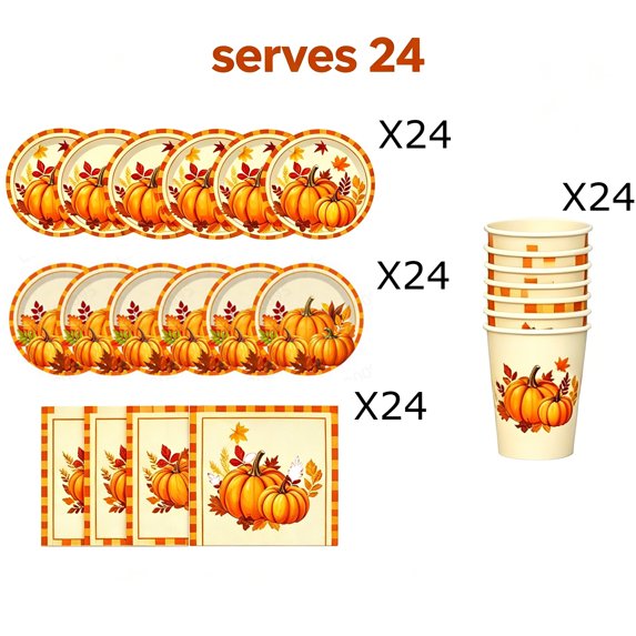 Hyknon Thanksgiving Party Dinnerware Sets, Disposable Fall Pumpkin Leaves Tableware, Serves 24 Guests, Include 7/9 Inch Paper Plates, Napkins, Cups for Birthday Party Supplies