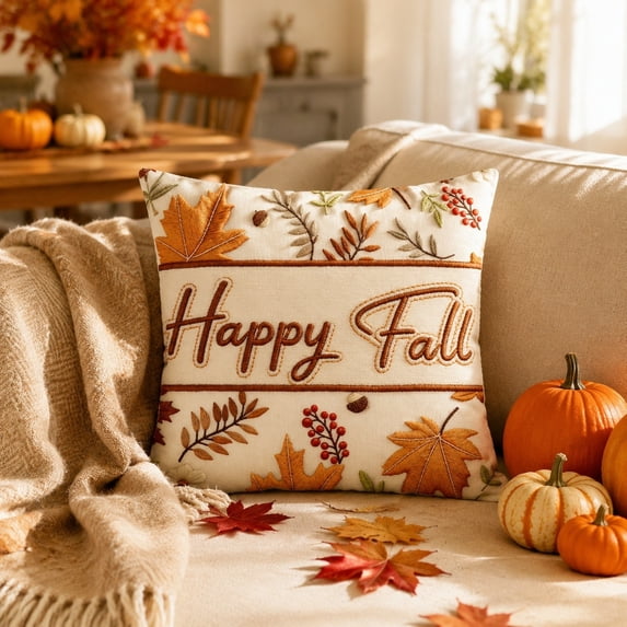Hyknon Thanksgiving Throw Pillow Covers, Fall Pumpkin Maple Squirrel Acorn Cushion Covers, Linen Square Pillow Covers, Harvest Pillowcase for Living Room Home Sofa Couch Bed Indoor Decor 17.7"×17.7"