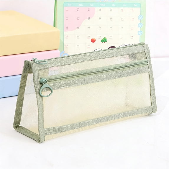 Hyknon Transparent Mesh Pencil Cases, Portable Large Capacity Stationery Bag with Zipper, Simple Triangular Pencil Case Pouch, Multi-Functional Stationery Pouch for Makeup Office Travel Daily, Green