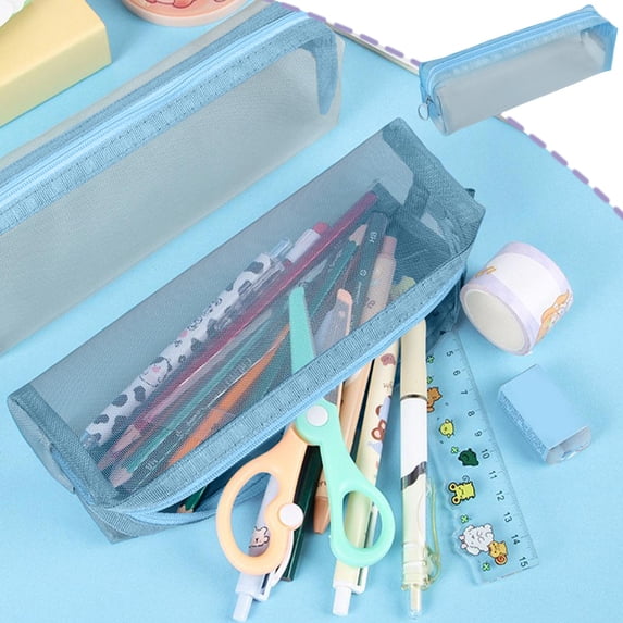 Hyknon Transparent Mesh Pencil Cases, Simple Large Capacity Stationery Bag with Zipper, Portable Rectangular Pencil Case Pouch, Multi-Functional Stationery Pouch for Makeup Office Travel Daily, Blue