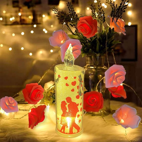 Hyknon Valentine Flameless Candles Battery Operated Flickering Love LED Fake Pillar Candles Tabletop Plastic Night Light for Wedding Dining Kitchen Decor
