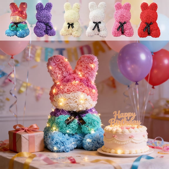 Hyknon Valentine's Day Bunny Shape Artificial Rose with Lights, Cute Large Flower Rabbit Sculpture Ornaments with Bowknot, Handmade Multifunctional Bunny Statue for Gift Wedding Home Decor, Pink