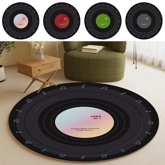 Hyknon Washable Music Record Area Rug Round Non-Slip Absorbent Floor Mats, 23.6" Large Vintage Carpet for Living Room Bedroom Decor, Pet Friendly, Black