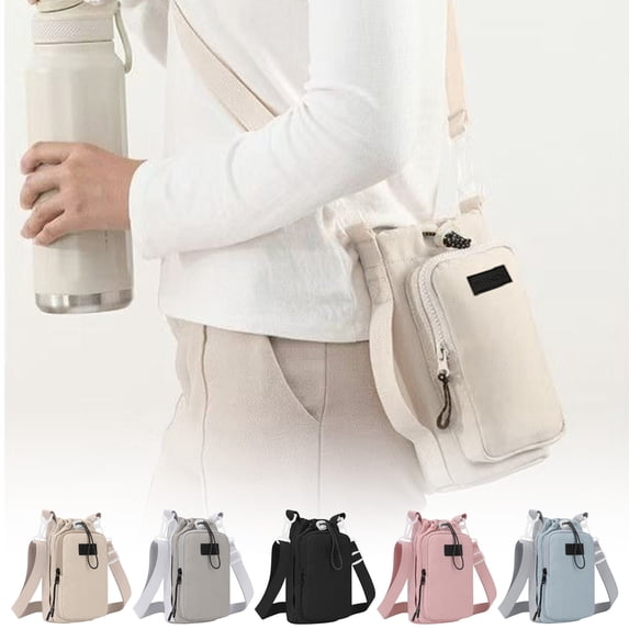 Hyknon Water Bottle Carrier Bag with Phone Pocket Crossbody Insulated Water Bottle Holder Pouch Nylon Beige Sling Bag for Hiking Gym Purple
