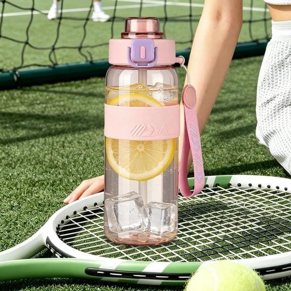 Hyknon Water Bottle with Straw Strap, Double Drinking Mouth Bottle with Suck and Drink, BPA Free Reusable Sports Water Bottle, Portable Leak-Proof Locking Lid for Hiking Travelling Fitness, Pink