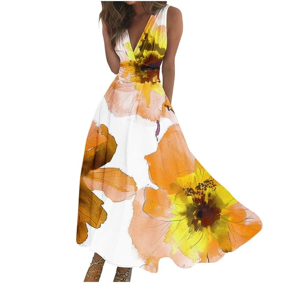 Hyknon Wedding Guest Dresses for Women Fashion Casual Loose Plus Size Swing Summer Dresses Casual Boho Floral Printed Sleeveless V-Neck Wrapped Chest Cocktail Dresses