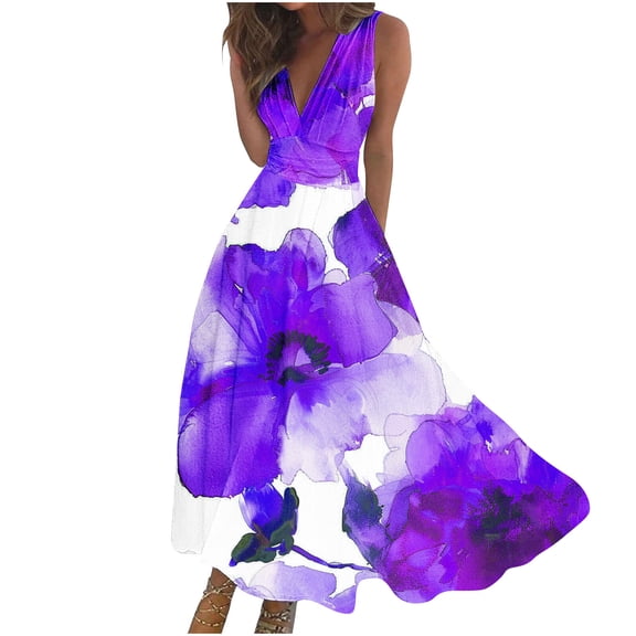 Hyknon Wedding Guest Dresses for Women Fashion Casual Loose Plus Size Swing Summer Dresses Casual Boho Floral Printed Sleeveless V-Neck Wrapped Chest Cocktail Dresses