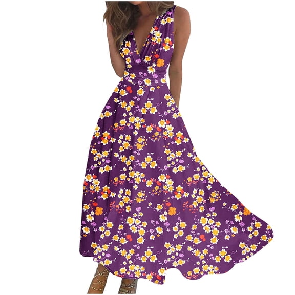 Hyknon Wedding Guest Dresses for Women Fashion Casual Loose Plus Size Swing Summer Dresses Casual Boho Floral Printed Sleeveless V-Neck Wrapped Chest Cocktail Dresses
