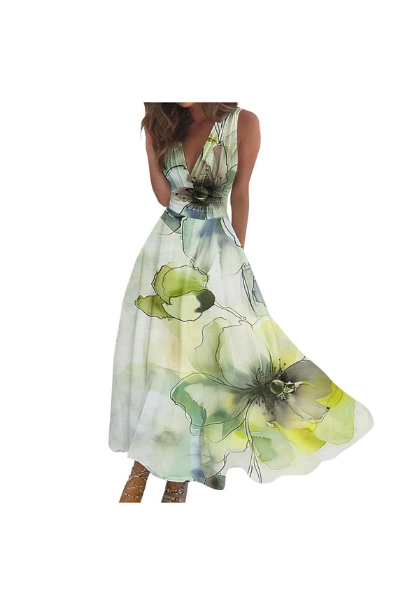 Wedding Guest Dresses for Women Fashion Casual Loose Plus Size Swing Summer Dresses Casual Boho Floral Printed Sleeveless V-Neck Wrapped Chest Cocktail Dresses