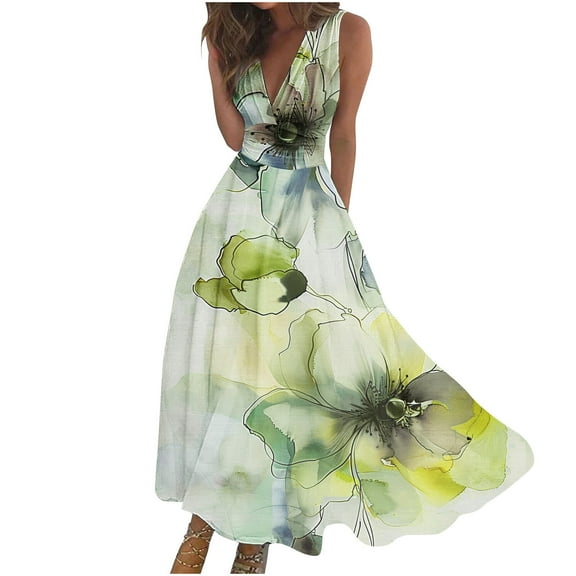 Hyknon Wedding Guest Dresses for Women Fashion Casual Loose Plus Size Swing Summer Dresses Casual Boho Floral Printed Sleeveless V-Neck Wrapped Chest Cocktail Dresses
