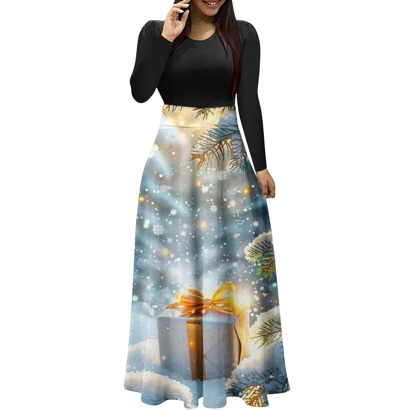 Hyknon Winter Dresses for Women 2024 Fashion Round Neck Lone Sleeve Aline Versatile Winter