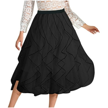 Hyknon Women's Skirts Summer Fashion High Waist Loose Fitting Boho Ruffle Tiered Lace Skirts Casual Solid Color A-line Maxi Skirts