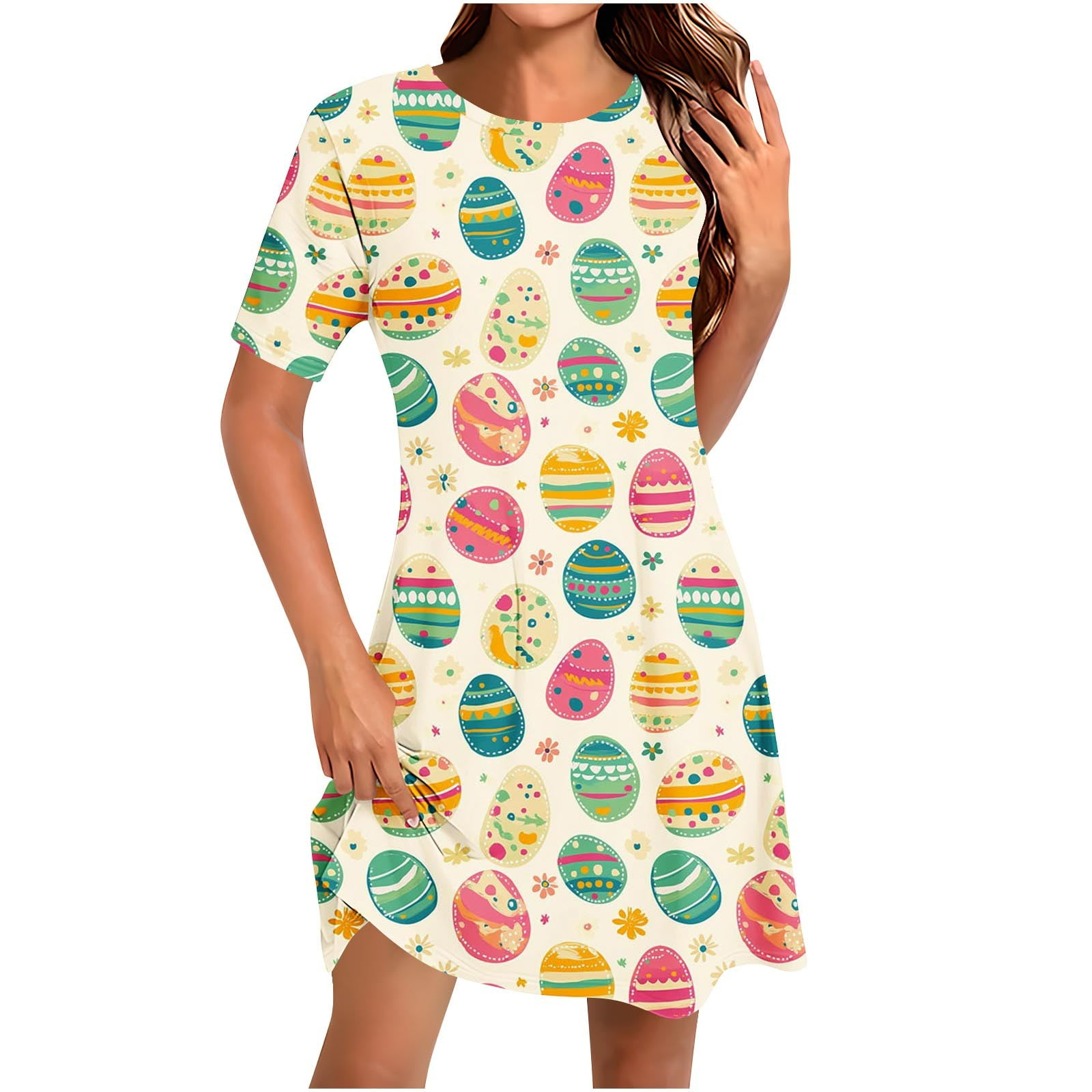 Hyknon Womens Easter Dresses 2025 Summer Fashion Loose Fitting A-line Flowy  Holiday Dresses Round-Neck Short Sleeved Easter Printed Pullover Knee  Length Dresses - Walmart.com