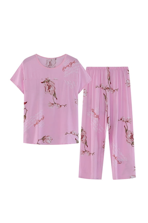 Womens Pajama Sets Comfortable Cotton and Linen Round Neck Short Sleeve Tops and Pants Set Summer Fashion Floral Printed Loose Plus Size Pajama Sets for Women 2 Piece