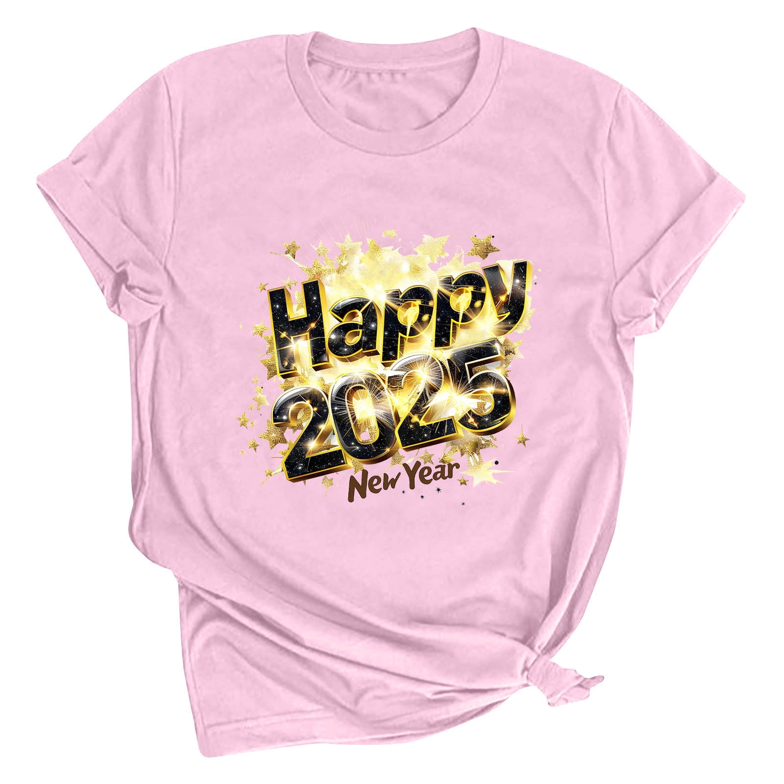 Hyknon Womens Tops 2025 Happy New Year Graphics Printing Round Neck